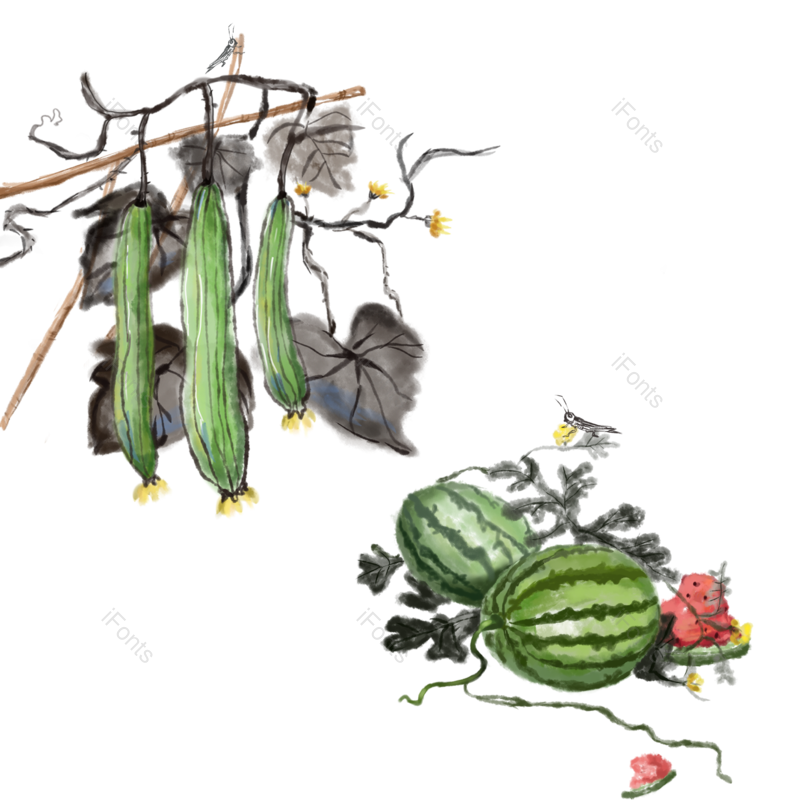 西瓜图片,中国风元素,水墨画PNG,免抠素材